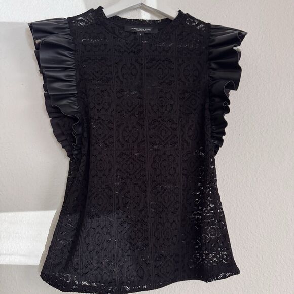 Andrew Marc Tops - NWT Marc NY Black Lace Top Women Sz S Stretch Faux Leather Ruffle Whimsygoth